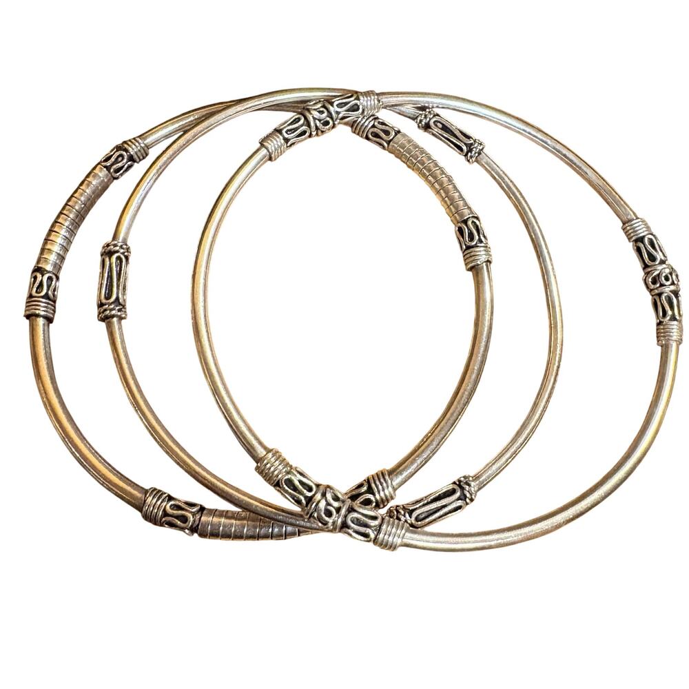 Set of Three Sterling Silver Bali Style Bangle Bracelets Vintage
